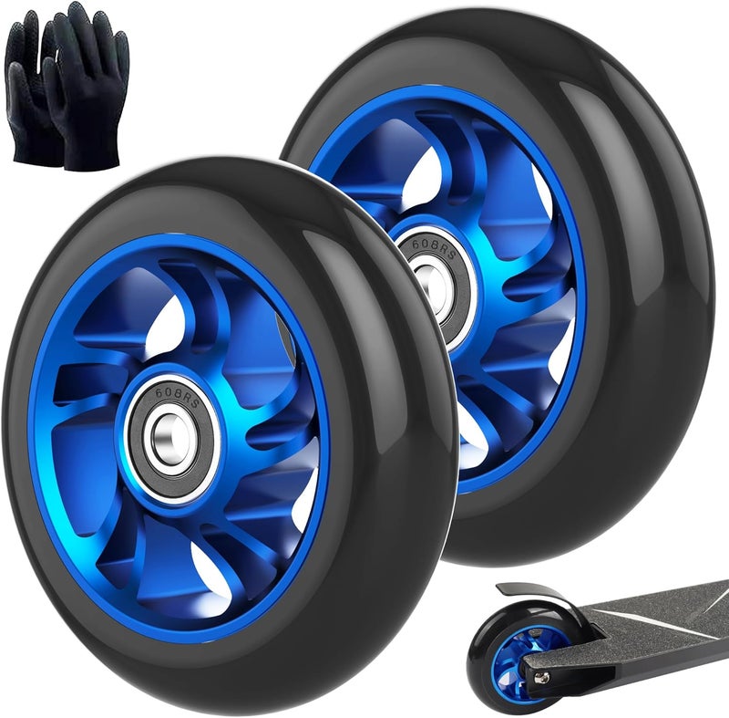 CANWUPON 100mm Scooter Wheels Pro Replacement Parts - With Aluminum Alloy Wheel Rim and Anti-Lock Bearing, Scooter Replacement Parts for Razor Scooters (2Pcs 100mm Blue) - Image 1